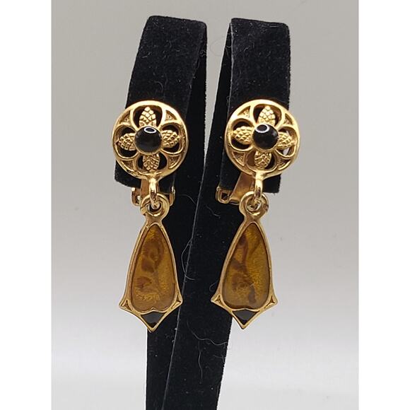 Vintage Gold-Tone Enamel Drop Earrings Art Deco Revival Black Amber look - Picture 1 of 7